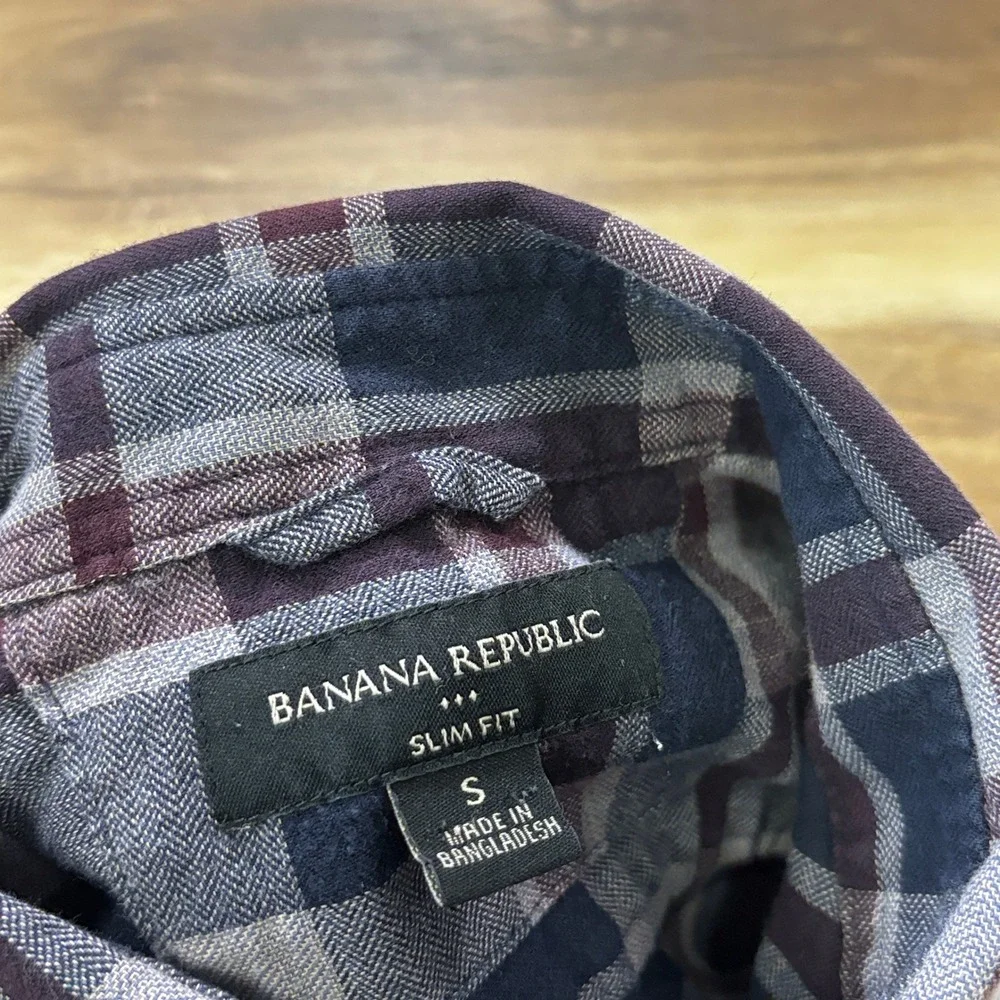 Banana Republic Flannel Shirt Small Mens Plaid Snap Button Slim Fit Blue Grey